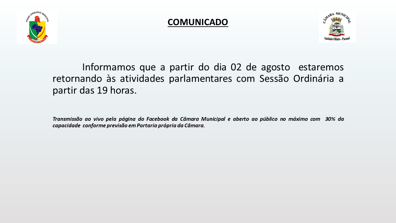 Retorno das sessões ordinárias a partir de 19 horas 