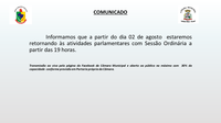 Retorno das sessões ordinárias a partir de 19 horas 