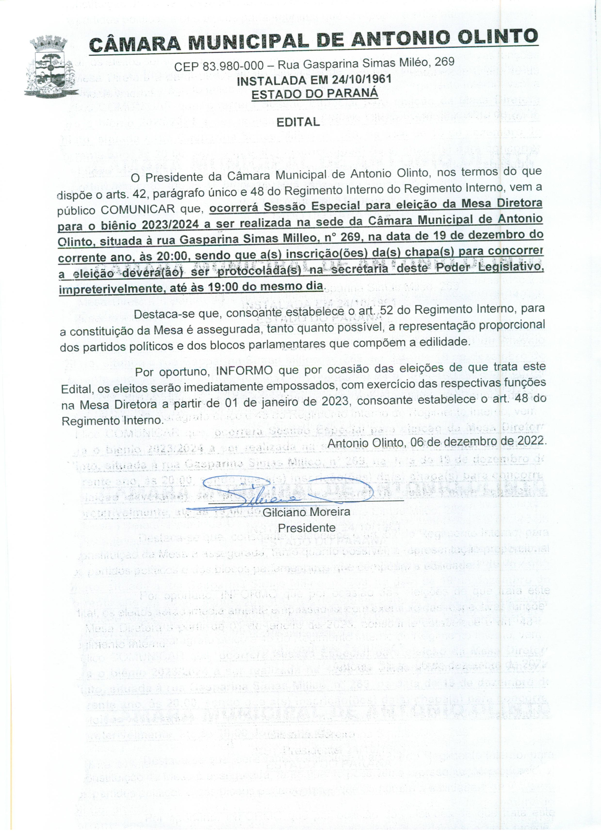 Sessão Especial para eleição da Mesa Diretora para o biênio 2023/2024 dia 19/12/2022