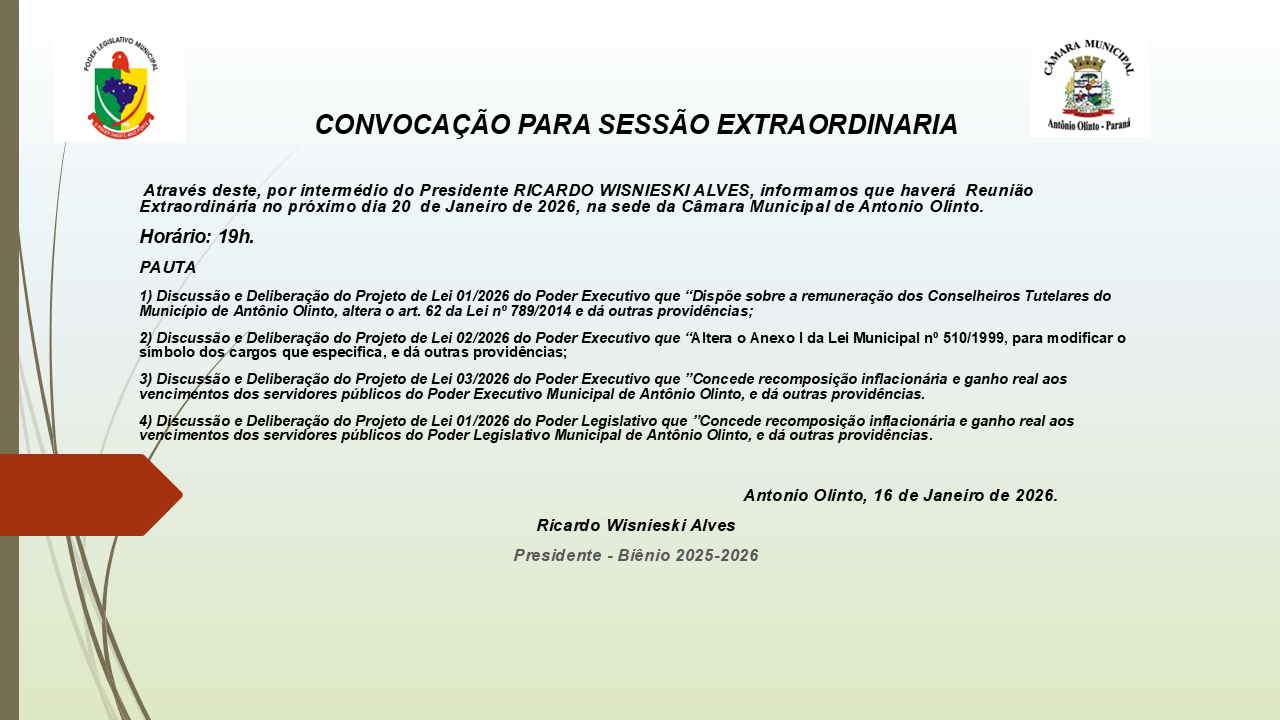 Sessão Extraordinária dia 20-01-2026 