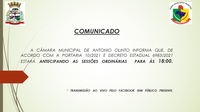 SESSÕES ORDINÁRIAS ANTECIPADAS PARA 18 HORAS 